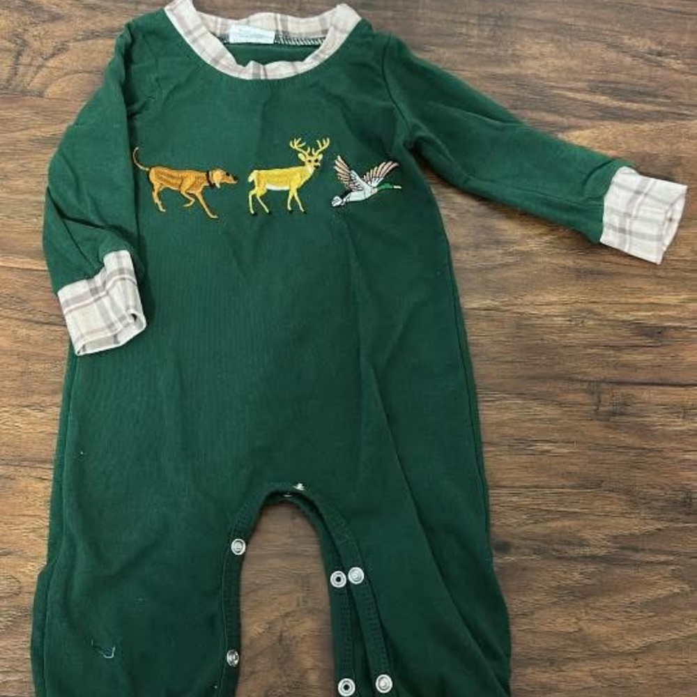 Green Kids One-Piece Romper with Woodland Embroidery